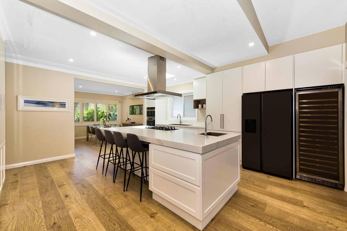 long kitchen island and skylights